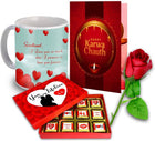 Unique Gifts Hamper for Karva Chauth - Best Gift For Wife - (Mug, Chocolate, Card & Rose) Ceramic Gift Box 