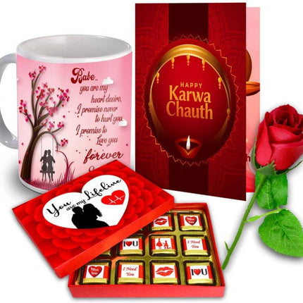 Unique Gifts Hamper for Karva Chauth - Best Gift For Wife - (Mug, Chocolate, Card & Rose) Ceramic Gift Box 