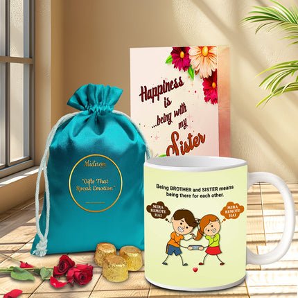Sweet  Rakhi Gift Set – Chocolate Pouch, Printed Mug & Heartfelt Greeting Card for Sister