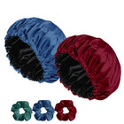 Satin Silk Sleeping Cap 2-Pack with Scrunchies – Adjustable Hair Protection Bonnets for Curly & Natural Hair  pack 2