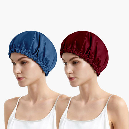 Satin Silk Sleep Cap 2-Pack with Scrunchies – Adjustable Night Bonnets for Healthy, Frizz-Free Hair Pack 2