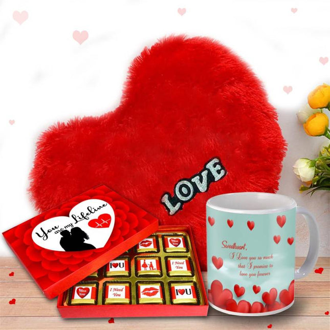 Valentine Days Gifts, Birthday, Love Gifts for Wife, Girlfriend, Husband & Boyfriend, Valentine Gifts for Girlfriend, Boyfriend - Chocolate, Mug & Soft Heart Cushion