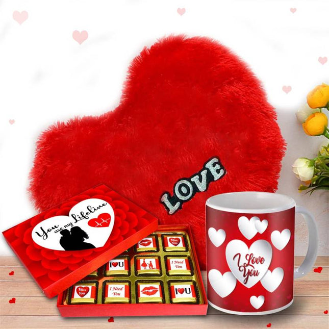 Valentine Days Gifts, Birthday, Love Gifts for Wife, Girlfriend, Husband & Boyfriend, Valentine Gifts for Girlfriend, Boyfriend - Chocolate, Mug & Soft Heart Cushion