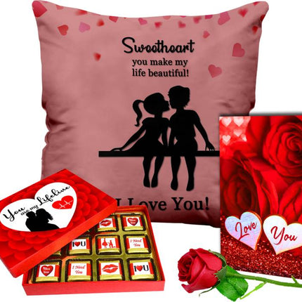 Valentine’s Day Gift Pack - Romantic Gift (Cushion, Rose, Card & Chocolate) Ceramic, Fiber, Paper Gift Box  (Multicolor)