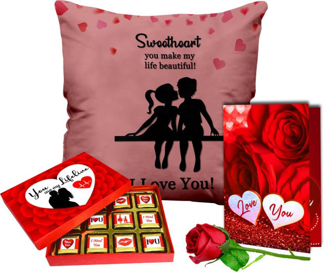 Valentine’s Day Gift Pack - Romantic Gift (Cushion, Rose, Card & Chocolate) Ceramic, Fiber, Paper Gift Box  (Multicolor)