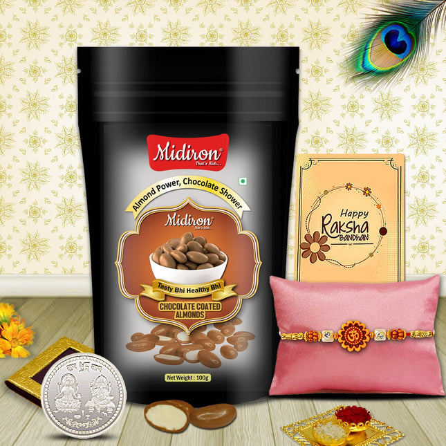 Midiron chocolate-coated almonds package with a Rakhi and a cold coin 
