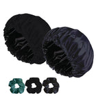Satin Silk Sleep Caps with Scrunchies – Adjustable Hair Bonnets for Frizz-Free Sleep 2-Pack
