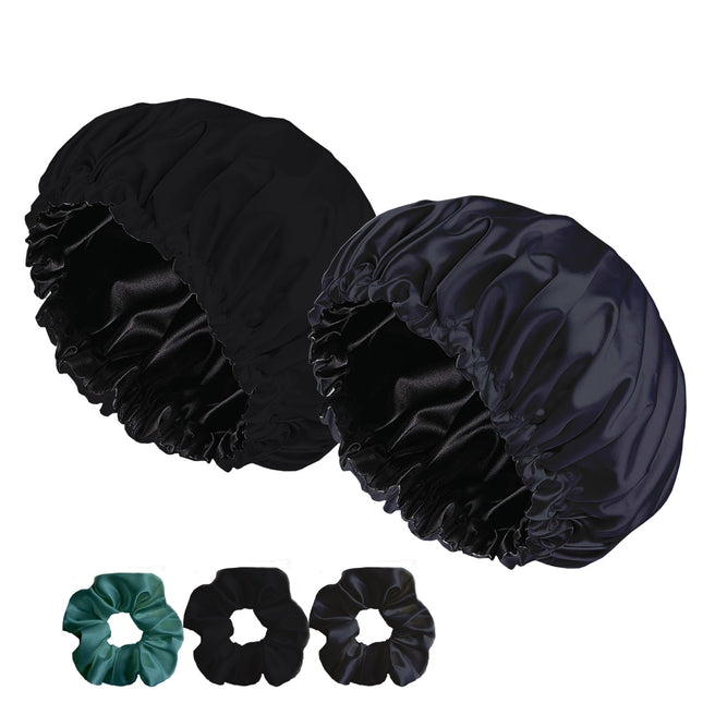 Satin Silk Sleep Caps with Scrunchies – Adjustable Hair Bonnets for Frizz-Free Sleep 2-Pack