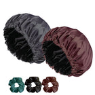 Satin Silk Sleeping Caps 2-Pack with Scrunchies – Adjustable Sleep Bonnet Set for Frizz-Free Hair Care