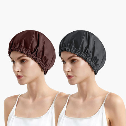 Satin Silk Sleeping Caps 2-Pack with Scrunchies – Adjustable Sleep Bonnet Set for Frizz-Free Hair Care