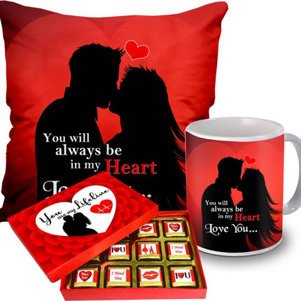 Love Quoted Cushion, Coffee Mug & Chocolate Gift Box For Valentine's Day - Ceramic, Paper, Fiber Gift Box 