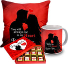 Valentine gift set featuring premium chocolates, a romantic printed mug, and a soft cushion – perfect for expressing love to your partner
