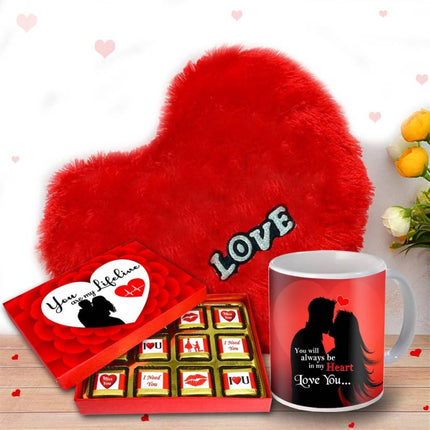 Romantic Gifts For Girlfriend, Boyfriend, Husband & Wife On Valentine's Day, Birthday, Anniversary and Special Day - Chocolate, Red Heart Cushion & Printed Love Mug