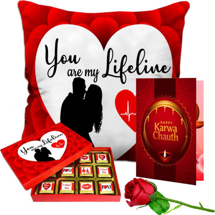 Valentine gift set featuring premium chocolates, a romantic printed mug, and a soft cushion – perfect for expressing love to your partner.