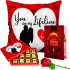 Valentine gift set featuring premium chocolates, a romantic printed mug, and a soft cushion – perfect for expressing love to your partner.