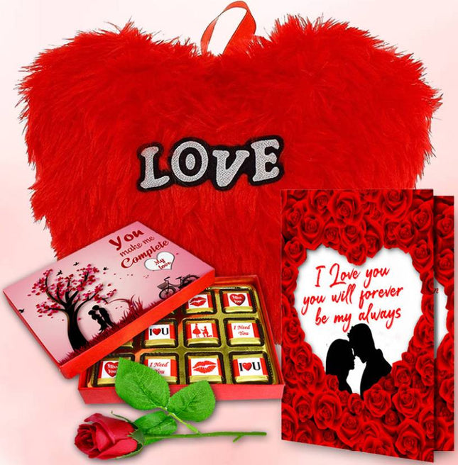 Valentine's Day Gift Hamper For Lover, Spouse, Fiancé - Chocolate, Rose, Card & Red Heart Cushion - Paper Gift Box  (Red)