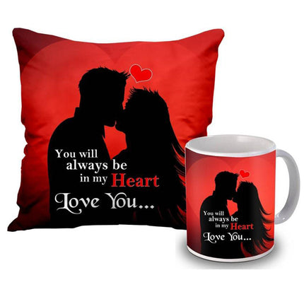 Valentine gift set featuring premium chocolates, a romantic printed mug, and a soft cushion – perfect for expressing love to your partner