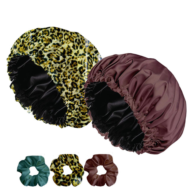 Satin Silk Sleep Caps with Scrunchies – Adjustable Hair Bonnets for Frizz-Free Sleep Pack 2