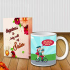 Charming coffee mug printed with a sister-themed design, perfect for cozy mornings and heartfelt conversations.