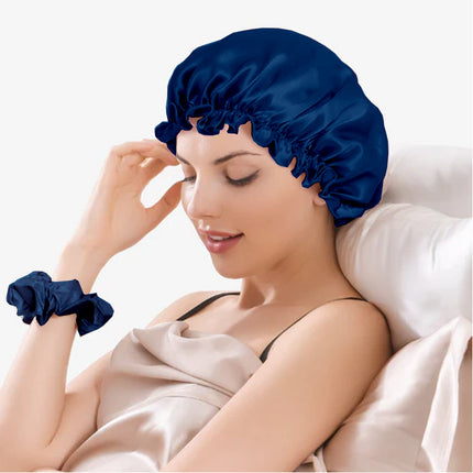 Satin Silk Sleep Cap 2-Pack with Scrunchies – Adjustable Night Bonnets for Healthy, Frizz-Free Hair Pack 2