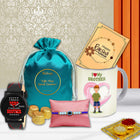 Exclusive Raksha Bandhan Gift Combo with Designer Rakhi, Chocolate Pouch, Stylish Coffee Mug, Elegant Wrist Watch, Greeting Card & Traditional Roli-Chawal