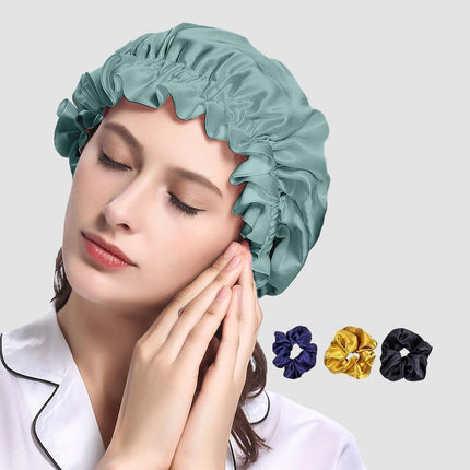 Satin Silk Sleeping Caps with Scrunchies – Adjustable Night Bonnets for Curly, Natural & All Hair Types -Pack of 2