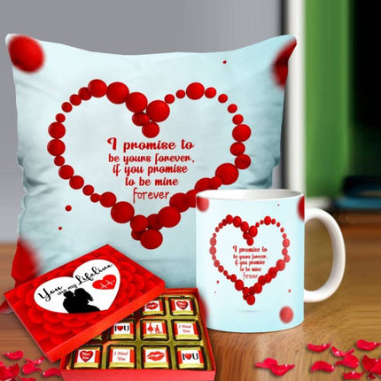 Valentine gift set featuring premium chocolates, a romantic printed mug, and a soft cushion – perfect for expressing love to your partner.