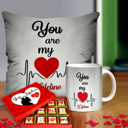 Valentine’s Day Gifts - Chocolate with Cushion and Coffee Mug - Birthday Gifts for Wife, Gift For Husband - Birthday Special (Pack 3) Ceramic, Fiber, Paper Gift Box  (Multicolor)
