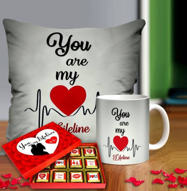 Valentine’s Day Gifts - Chocolate with Cushion and Coffee Mug - Birthday Gifts for Wife, Gift For Husband - Birthday Special (Pack 3) Ceramic, Fiber, Paper Gift Box  (Multicolor)