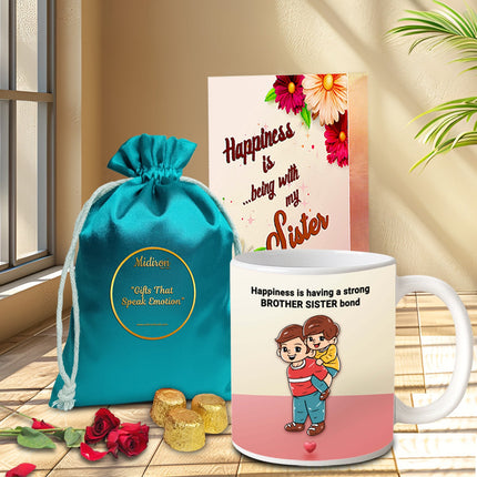 Sweet  Rakhi Gift Set – Chocolate Pouch, Printed Mug & Heartfelt Greeting Card for Sister