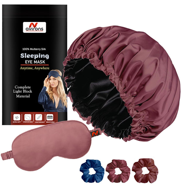 Silk Sleeping Cap with Adjustable Design, Matching Eyemask & Scrunchies – Perfect for Healthy Hair
