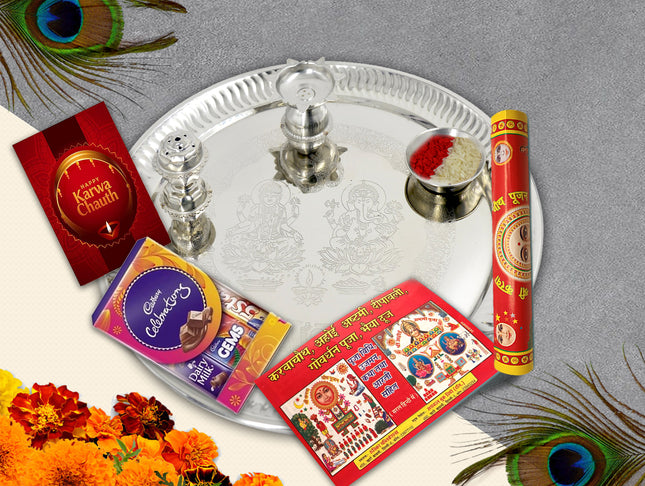 Karwa Chauth Silver Puja Thali - Traditional Karwa Chauth Thali Set, Pooja Thali for Karwa Chauth