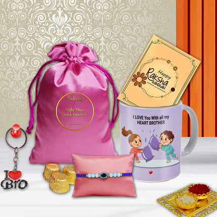 Rakhi Gift Hamper with Designer Rakhi, Brother-Sister Picture Mug, Chocolate Pouch (90g), Greeting Card, I Love Bro Keychain & Roli-Chawal