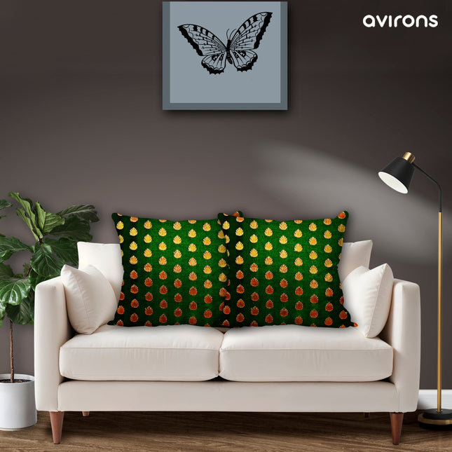 Luxury Banarasi Zippered Cushion Cover Delight Green Color Pack of 2-16x16 inch