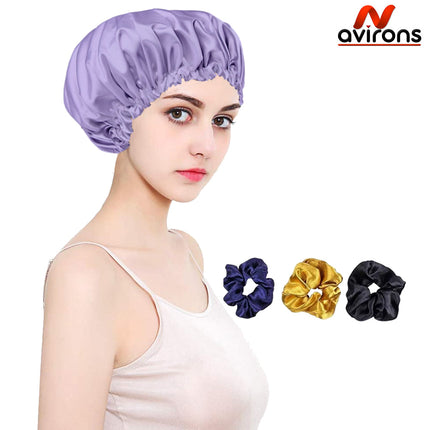 Satin Silk Sleep Cap 2-Pack with Scrunchies – Adjustable Anti-Frizz Hair Protection Bonnet for All Hair Types Pack 2