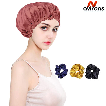 Satin Silk Sleeping Caps with Scrunchies – Adjustable Night Bonnets for Curly, Natural & All Hair Types -Pack of 2