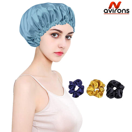 Satin Silk Sleep Cap 2-Pack with Scrunchies – Adjustable Night Bonnets for Healthy, Frizz-Free Hair Pack 2