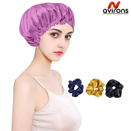 Satin Silk Sleep Caps with Scrunchies – Adjustable Bonnet Set for Smooth, Frizz-Free Hair Protection Pack 2