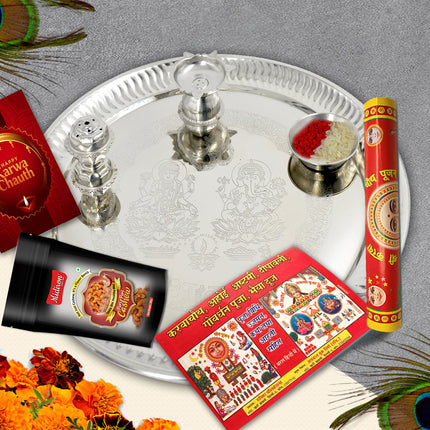 Silver Pooja Thali Set for Karwa Chauth - Karwa Chauth Thali Combo, Karwa Chauth Ritual Thali