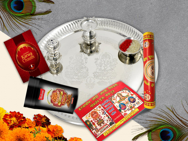 Silver Pooja Thali Set for Karwa Chauth - Karwa Chauth Thali Combo, Karwa Chauth Ritual Thali