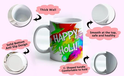 Holi Gift Hamper for Holi Festival - Holi Combo (Happy Holi Greeting Card, Coffee Mug, Gulal Tilak, Microfiber Filler with Cushion Cover