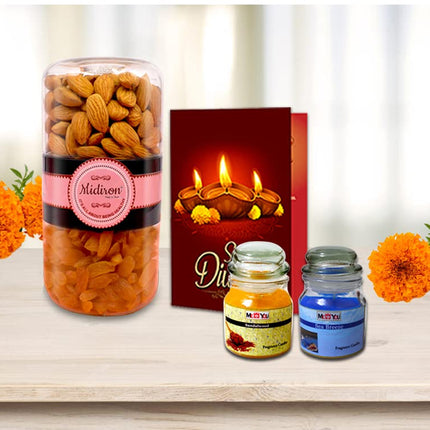 Diwali Gift Healthy Combo- Healthy Diwali Hamper, Diwali Gift Combo with Dry Fruits (2 Way Almond / Raisin Jar), Deepawali Greeting Card & Tealight Scented Ceramic Fragrance Candle