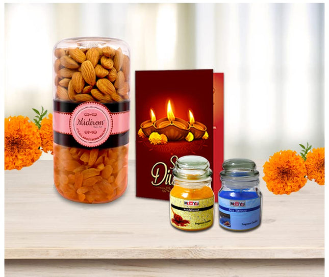 Diwali Gift Healthy Combo- Healthy Diwali Hamper, Diwali Gift Combo with Dry Fruits (2 Way Almond / Raisin Jar), Deepawali Greeting Card & Tealight Scented Ceramic Fragrance Candle