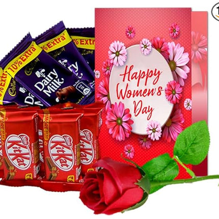 Women’s Day Gift Set
Chocolate and Rose Combo
Heartfelt Greeting Card for Her