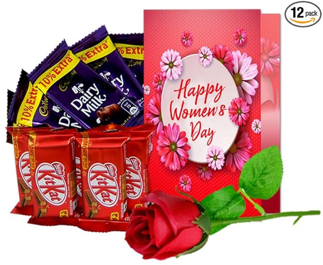 Women’s Day Gift Set
Chocolate and Rose Combo
Heartfelt Greeting Card for Her
