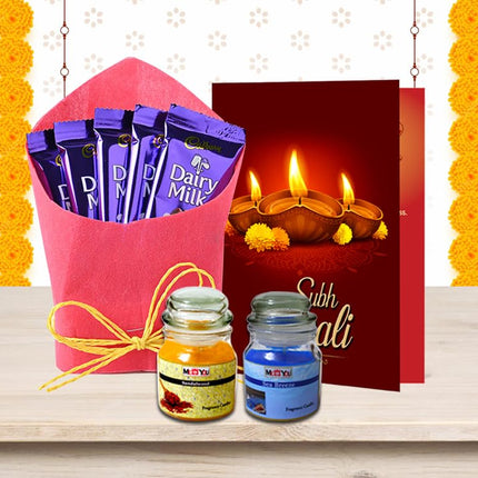 Diwali Gift Hamper - Diwali Combo Pack with Handmade Chocolate Box, Diwali Greeting Card & Scented Candle