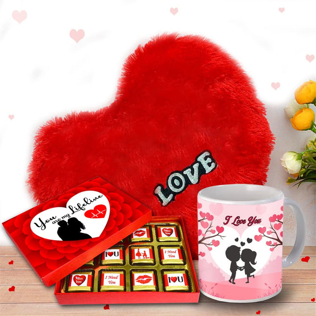 best Valentine Gifts for Wife, husband, girlfriend & boyfriend 
Valentine gift set featuring premium chocolates, a romantic printed mug, and a soft heart cushion – perfect for expressing love to your partner.