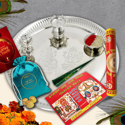 Silver Puja Thali for Karwa Chauth - Karwa Chauth Pooja Thali Decoration, Karwa Chauth Thali Set