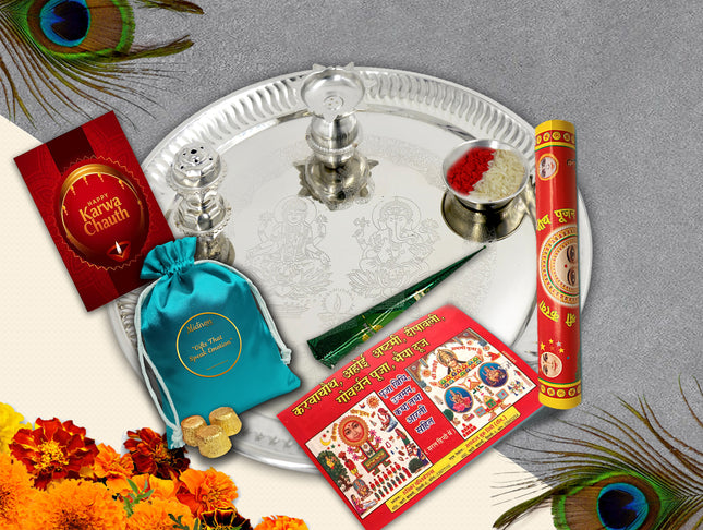 Silver Puja Thali for Karwa Chauth - Karwa Chauth Pooja Thali Decoration, Karwa Chauth Thali Set