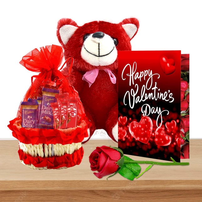 Midiron Unique Love Gift Hamper|Romantic Gift |Valentines Day Gift for Wife/Girlfriend/Lover|Chocolate Red Basket with Dairy Milk & Kitkat, Artificial Rose & Valentine's Day Card - Midiron